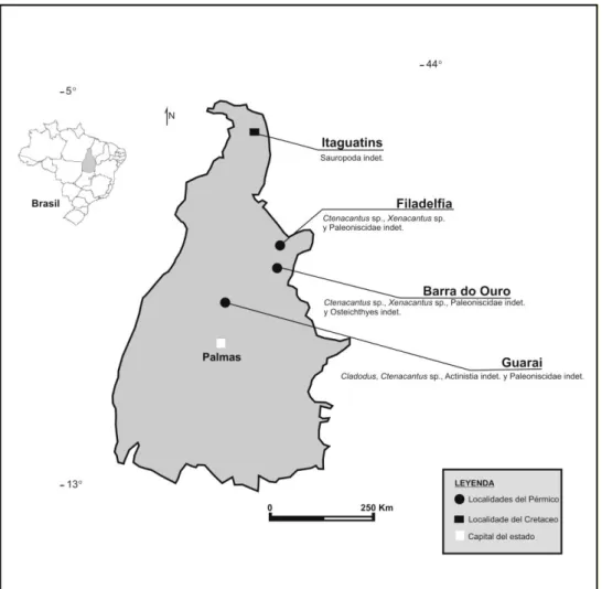 Figo 1. Situación geografica de las minicipalidades con yacimientos del Pérmico y Cretaceo del  estado de Tocantins