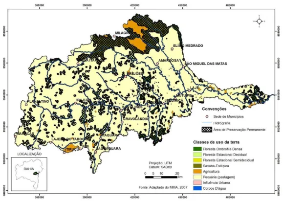 Figura 9 – Mapa das Áreas de Preservação Permanentes sobre as classes de usos da terra da  bacia hidrográfica do rio Jiquiriçá - BA 