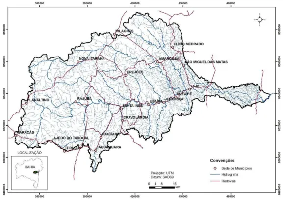 Figura 2 – Mapa político da bacia hidrográfica do Jiquiriçá – BA, apresentando o novo limite da  bacia hidrográfica determinado através do ArcGIS/SWAT