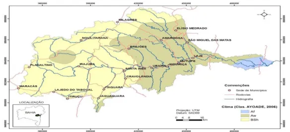 Figura 3 - Distribuição dos diferentes climas que ocorrem na bacia hidrográfica do Jiquiriça - BA 