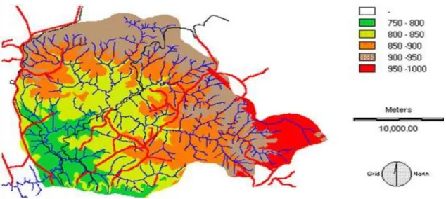FIGURA 4 - Mapa hipsometrico da APA rio Uberaba, onde está inserida a microbacia do córrego  Buracão