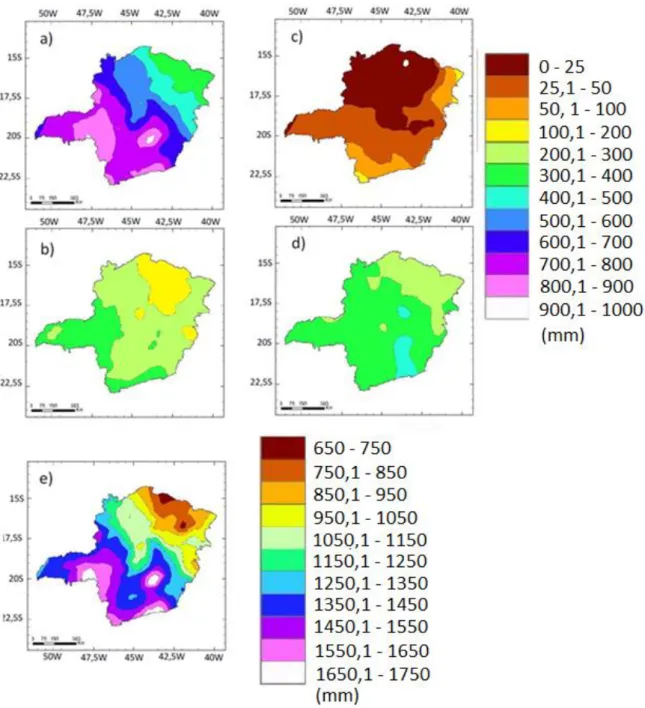 Figura 3: Precipitação (mm) no estado de Minas Gerais  a) verão, b) outono, c) inverno, d) primavera e e) média anual   