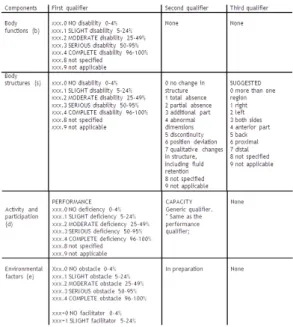 Table 1 shows the qualifiers according to the ICF, which  will accompany the alphanumeric codes and that will allow  them to be assigned meaning