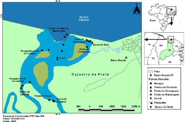 Figura 2: Localização dos Sistemas de Pesca Artesanal identificados em Barra Grande,  Cajueiro da Praia-PI em 2017 – Sistemas da Região Estuarina
