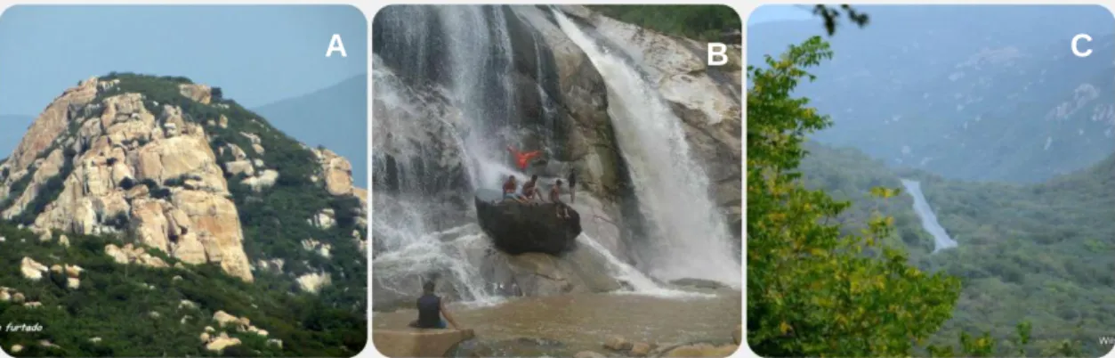 Figura 1: Imagens de pontos ecoturisticos em Teixeira – PB.  A) Pedra do Talhado;  B)  Cachoeira do Espelho; C) Vista panorâmica a partir da Pedra do Tendó