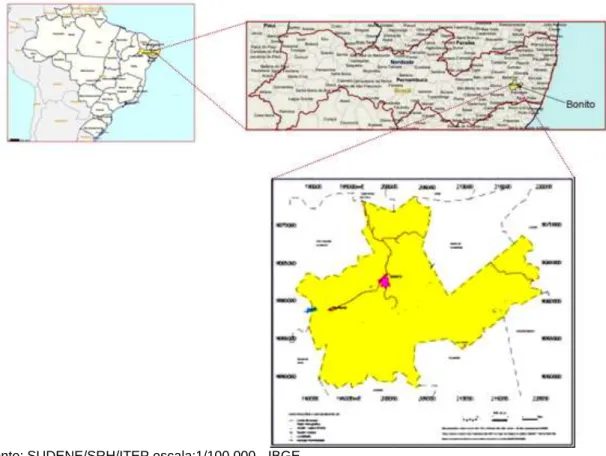 Figura 1: Representação do município de Bonito - PE com indicativo de seu posicionamento no  Estado de Pernambuco, Brasil  