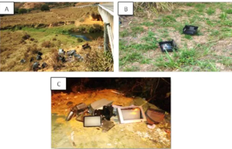 Figura 3: Descarte inadequado de lixo eletrônico.  A e B, Rodovia ES 177 e C Rodovia 482