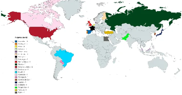 Figura 5: Mapa da distribuição de projetos identificados em fevereiro de 2022 no mundo Fonte: Elaborado pelos autores.