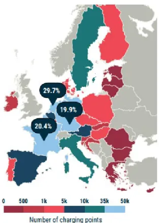 Figura 1 – Mapa da distribuição de infraestrutura de  recarga na EU