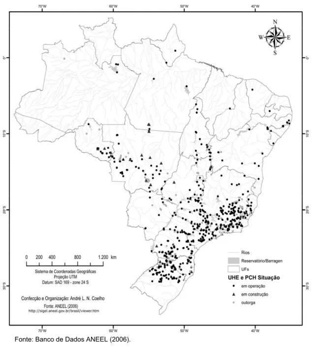 Figura 1 – Distribuição de reservatórios de UHEs e PCHs no Brasil 
