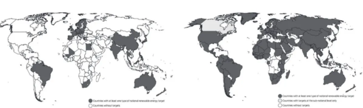Figure 1. Global map of national renewable energy targets of all types, 2005 vs 2015.