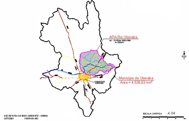 Figura 1 - O município de Uberaba-MG e sua Área de proteção ambiental (APA)  do rio Uberaba (SEMEA, 2004)