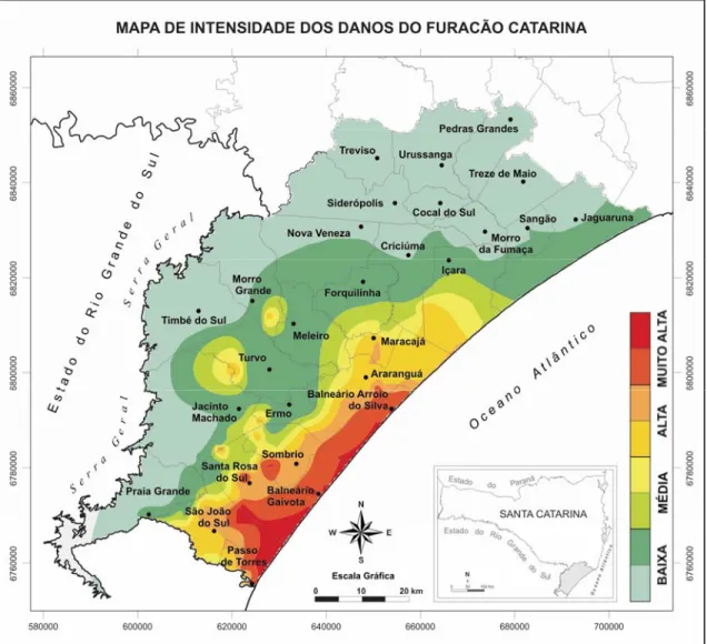 Figura 8 – Mapa de intensidade dos danos causados pelo Furacão Catarina. Fonte: Marcelino et al