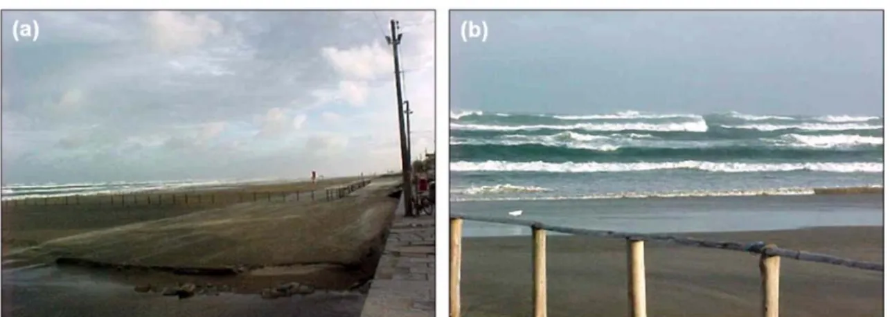 Figura 4 – Situação do mar em Bal. Arroio do Silva às 17:45 h em 27/03/2004: a) distância entre o  mar e as dunas frontais; b) mar agitado com presença de grandes ondas