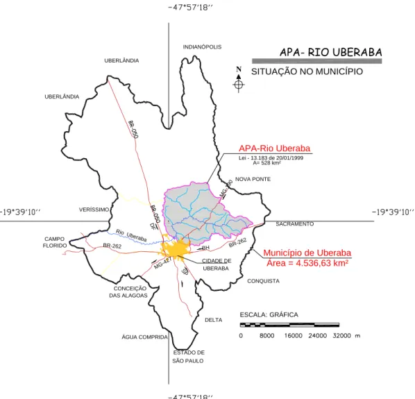 Figura 1 - O município de Uberaba-MG e sua Área de proteção ambiental (APA) do Rio Uberaba  (Modificado de SEMEA, 2004)