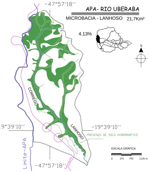 Figura 2 - Microbacia do córrego Lanhoso, localizado na APA do Rio Uberaba (Modificado de  SEMEA, 2004)