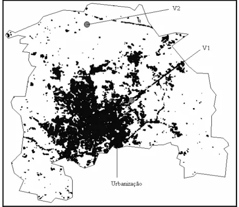 Figura 1 - Ocorrência da área urbana no município e localização das feições erosivas  (manchas negras, ocorrência de áreas urbanas) 