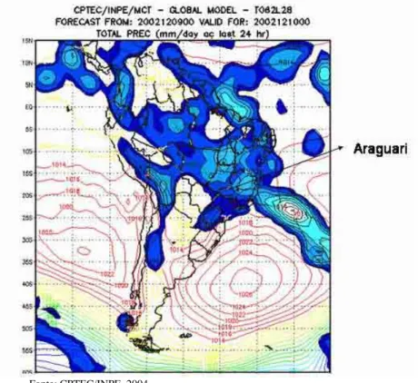 Figura 3 - América do Sul: exemplo de carta sinótica de pressão atmosférica e  precipitação do dia 10/12/2002 