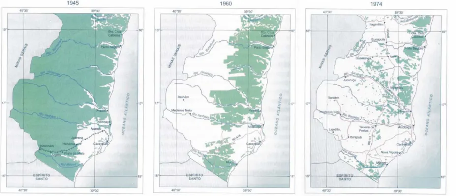 Figura 6: Mapas da área de Mata Atlântica (Floresta Ombrófila Densa e Mata Estacional Semi-Decidual) em 1945, 1960 e 1974, respectivamente  Fonte: Silva et al (2004) 