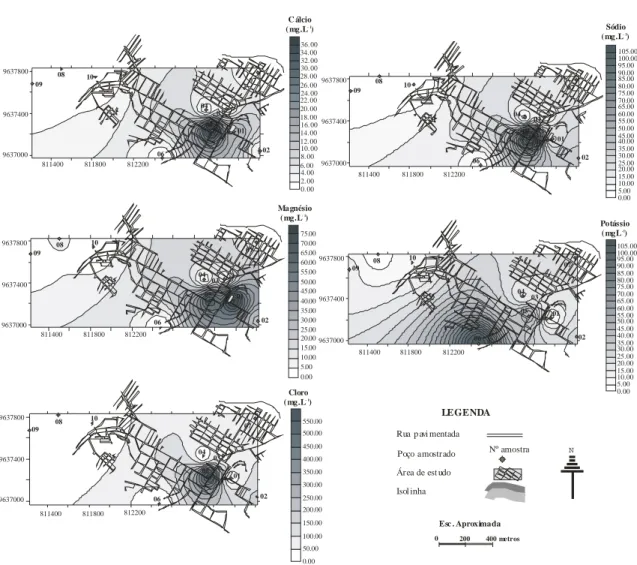 Figura 4 - Mapas de isovalores de cálcio, magnésio, cloro, sódio e potássio das águas  subterrâneas amostradas na cidade de Iranduba (AM) 