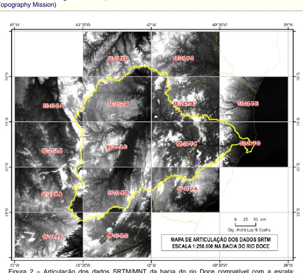 Figura 2 – Articulação dos dados SRTM/MNT da bacia do rio Doce compatível com a escala: 