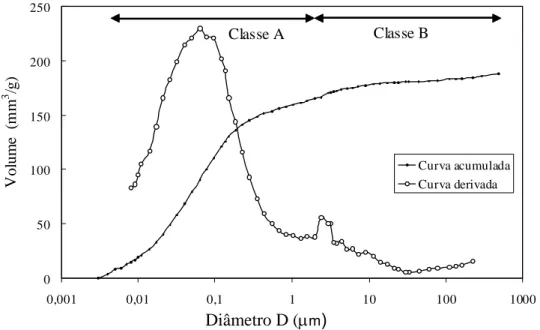 Figura 3 - Curvas acumulada e derivada obtidas por porosimetria ao mercúrio do horizonte cinza  claro do perfil Gleissolo