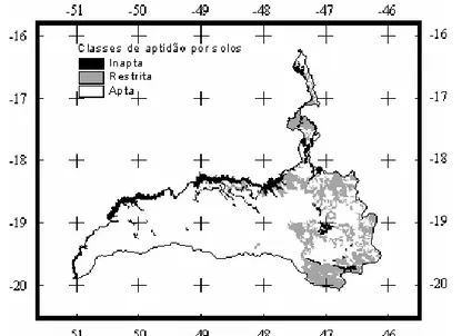 Figura 5. Mapa contendo as classes de aptidão por solo para os cafeeiros  arábica e conilon na sub-bacia do Rio Paranaíba, em Minas Gerais 