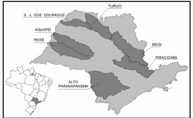 Fig 1. Location of São Paulo State in Brazilian territory (small map – lower left), and the seven river  basins that are the study areas