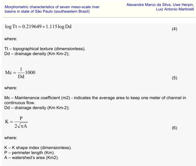 Table 3 shows the values of the morphometric parameter. In the present study the principal factor  that seems act upon the morphometrical features is the rock type, which is clearly delineated by the  geomorphologic provinces (Almeida, 1974)