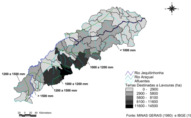 Figura 7 – Terras, em Hectares, destinadas a Lavouras, Isolinhas de Precipitação e  Hidrografia nos Municípios da Mesorregião Jequitinhonha (MG) 