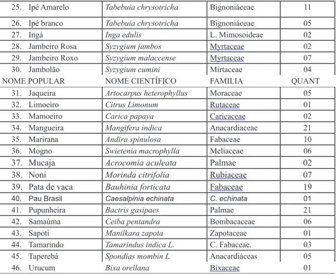 Tabela 1- Espécies arbóreas identificadas na Área Verde da Escola Profª Hilda Vieira, Belém-PA.