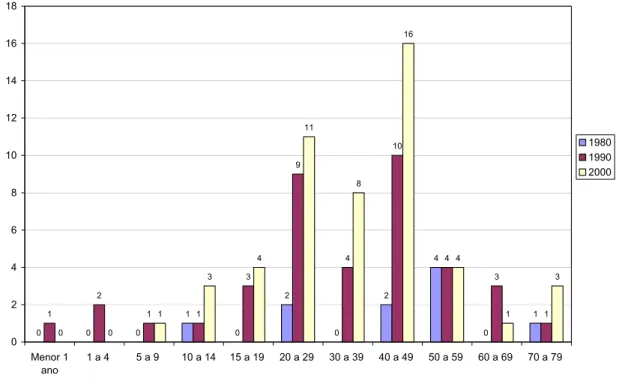 Figura 2 - Município de Uberlândia. Mortalidade por acidentes de transporte, em números  absolutos, segundo faixa etária, de 1980 a 2000 
