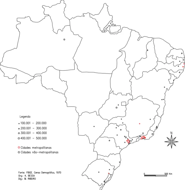 Figura 1 - Brasil: centros urbanos com faixa de tamanho populacional entre 100.001 e 500.00 hab., 1970 