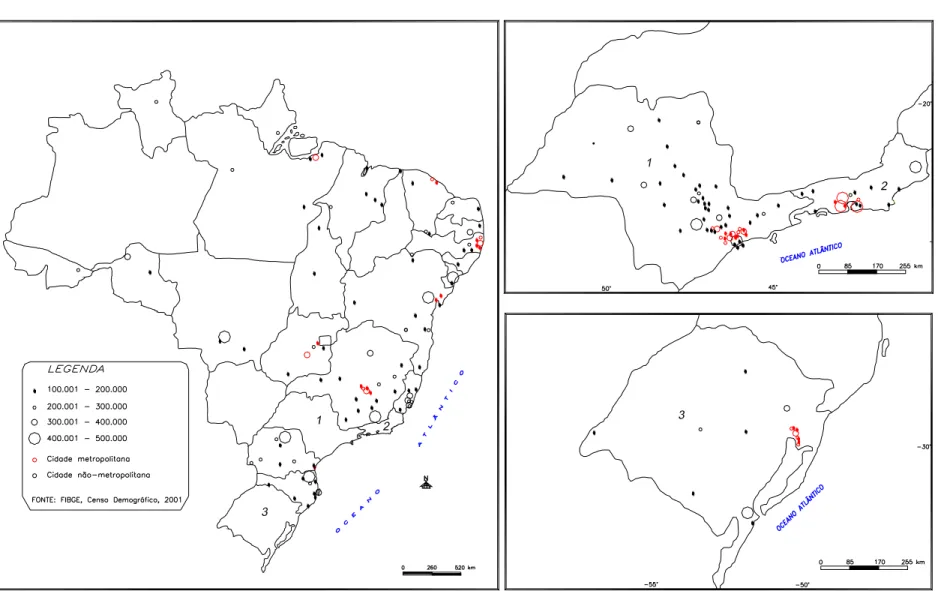 Figura 2 - Brasil: centros urbanos com faixa de tamanho populacional entre 100.001 e 500.000 hab., 2001