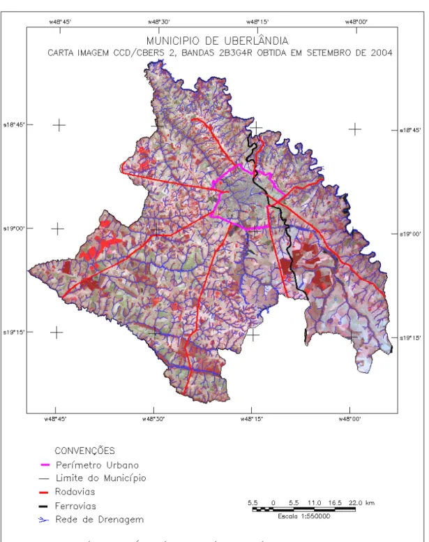 Figura 2 - Carta-Imagem do município de Uberlândia, sensor ETM+ Landsat 7 composição colorida  3b4r7g obtida em 11/10/02 