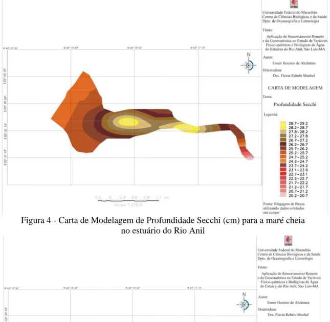 Figura 4 - Carta de Modelagem de Profundidade Secchi (cm) para a maré cheia  no estuário do Rio Anil 
