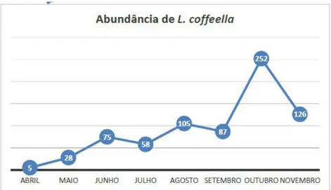 Figura 02: Lepidópteros emergidos nas folhas de café entre os meses de abril a novembro de 2015 em uma fazenda  cafeeira do Município de Passos, MG.