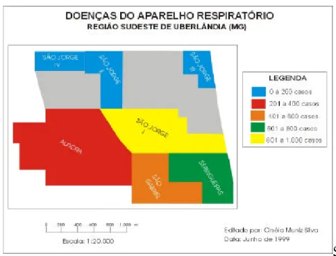 FIGURA 03 - Mapa temático qu e identifica a quantidade de casos de doenças  por bairros  