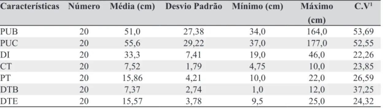 Tabela 1: Estatísticas descritivas das características Perímetro do úbere na base (PUB), Perímetro central do úbere  (PUC), Distância entre os pontos de inserção anterior e posterior do úbere (DI), Comprimento das tetas (CT),  Perímetro da teta (PT), Distâ