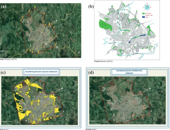 Figura 2: (a) Determinação do perímetro urbano (Área de estudo); (b)  Mapeamento das áreas verdes; (c) Delimitação dos  Vazios Urbanos e (d) Delimitação do Perímetro Urbano .