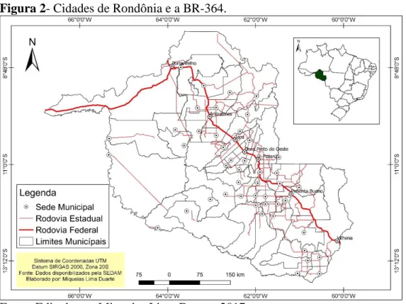 Figura 2- Cidades de Rondônia e a BR-364. 