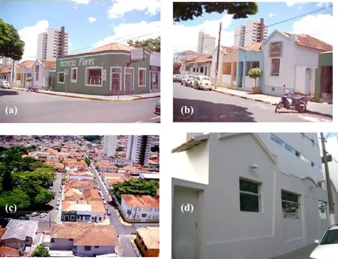Figura 2. (a), (b) e (c) Situação dos imóveis onde seria construída a futura Casa da Cultura em 2003; (d)  Facha- Facha-da mantiFacha-da Facha-das habitações que ali existiam 