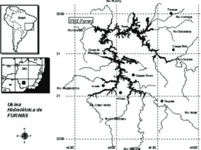 Figura 2: Mapa mostrando a localização do Reservatório de Furnas. (Fonte: Estação de  Hidrobiologia e Piscicultura de Furnas, 1998).