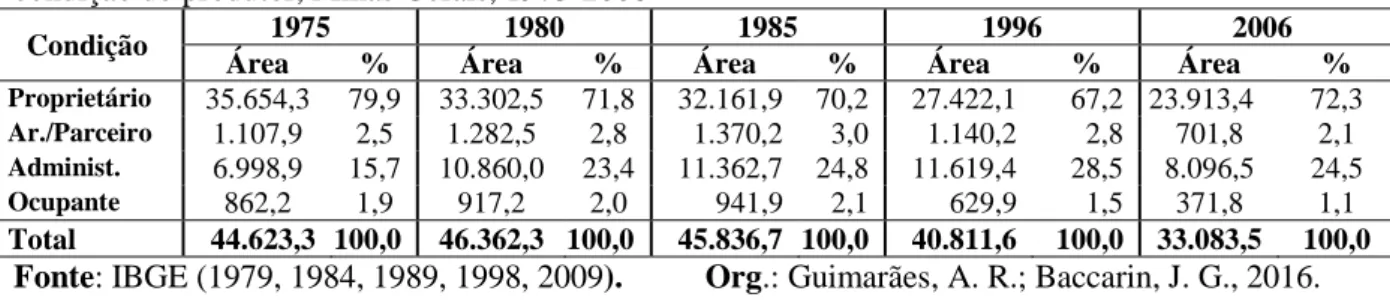 Tabela 6 - Distribuição da área dos estabelecimentos agropecuários, em mil hectares, de acordo com a  condição do produtor, Minas Gerais, 1975-2006 