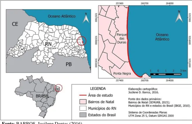 Figura 1 – Área de estudo que compreende o trecho entre a Via Costeira e praia de Ponta Negra,  Natal (RN)