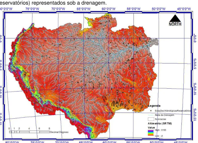 Figura 5 - Bacia Amazônica: Altimetria, sub-bacias e rede de drenagem discretizados  no  modelo  hidrológico  SWAT