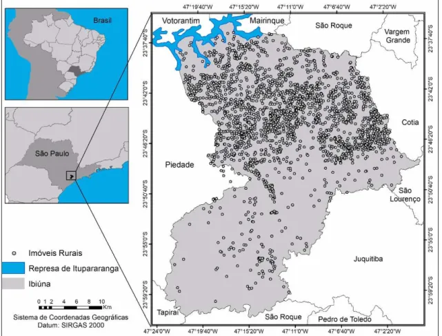 Figura 1 – Localização do município de Ibiúna no Estado de São Paulo e distribuição  geográfica dos imóveis rurais cadastrados no CAR na cidade