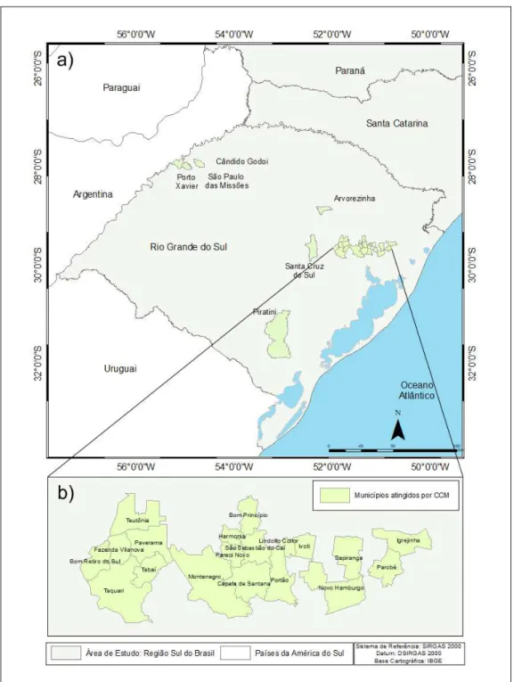 Figura 4 - Municípios do Rio Grande do Sul atingidos pelo Complexo Convectivo de  Mesoescala (a) e (b) destaque dos municípios da Região Metropolitana