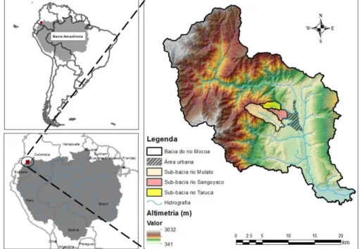 Figura 2 – Mapa de Localização e altimetria da bacia do rio Mocoa – Colômbia 