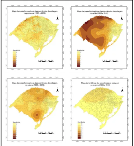 Figura  4  -  Mapas  sazonais  (primavera,  verão,  outono  e  inverno)  das  Áreas  de  Tendência de Ocorrência (ATO) de Estiagem, por município, para o período de 1985  a 2016 